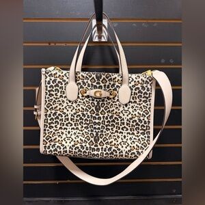 Guess Izzy Leopard Print Satchel Tote Bag Cream Brown Like New